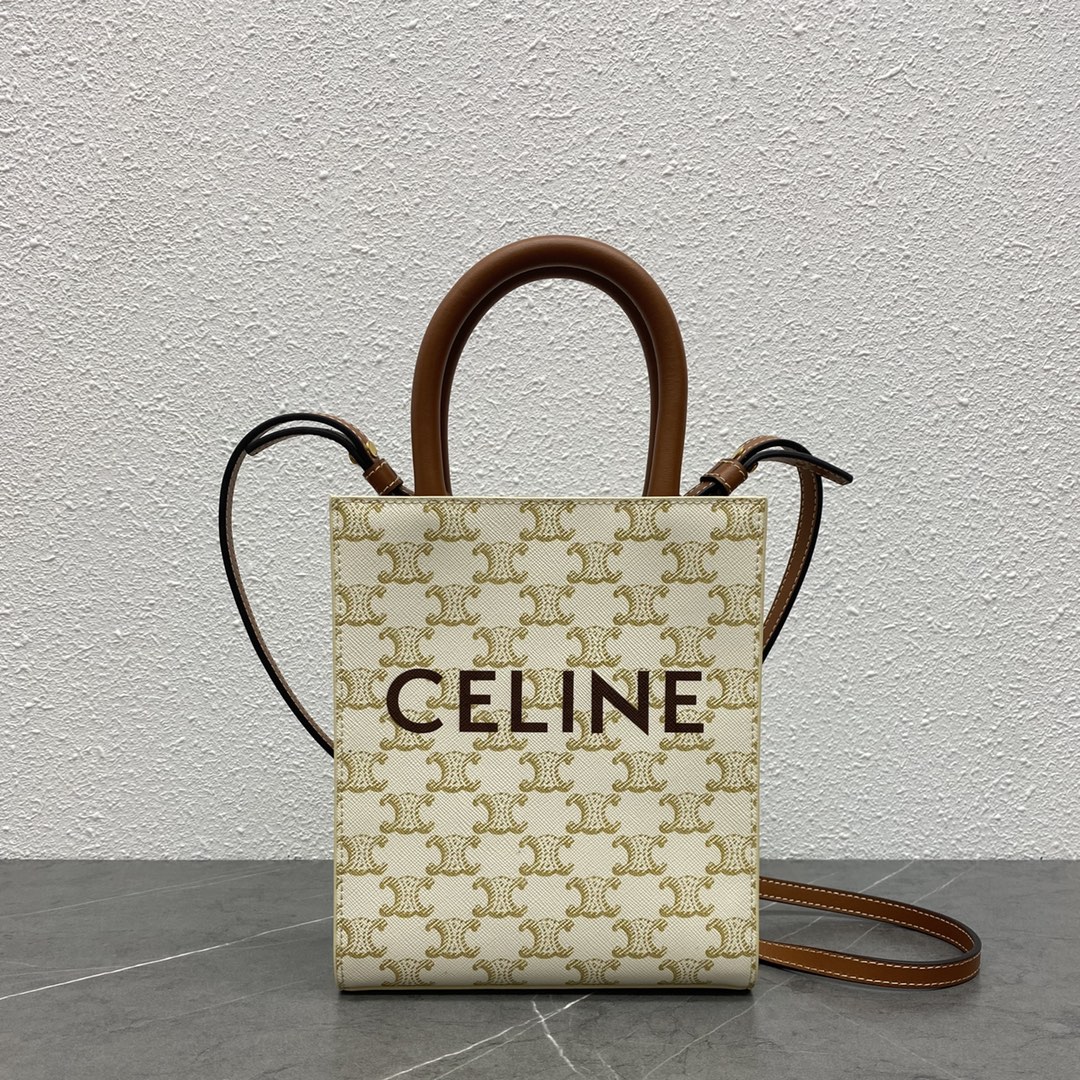 Celine Mini Vertical Cabas In Triomphe Canvas And Calfskin With Celine Print White 193302